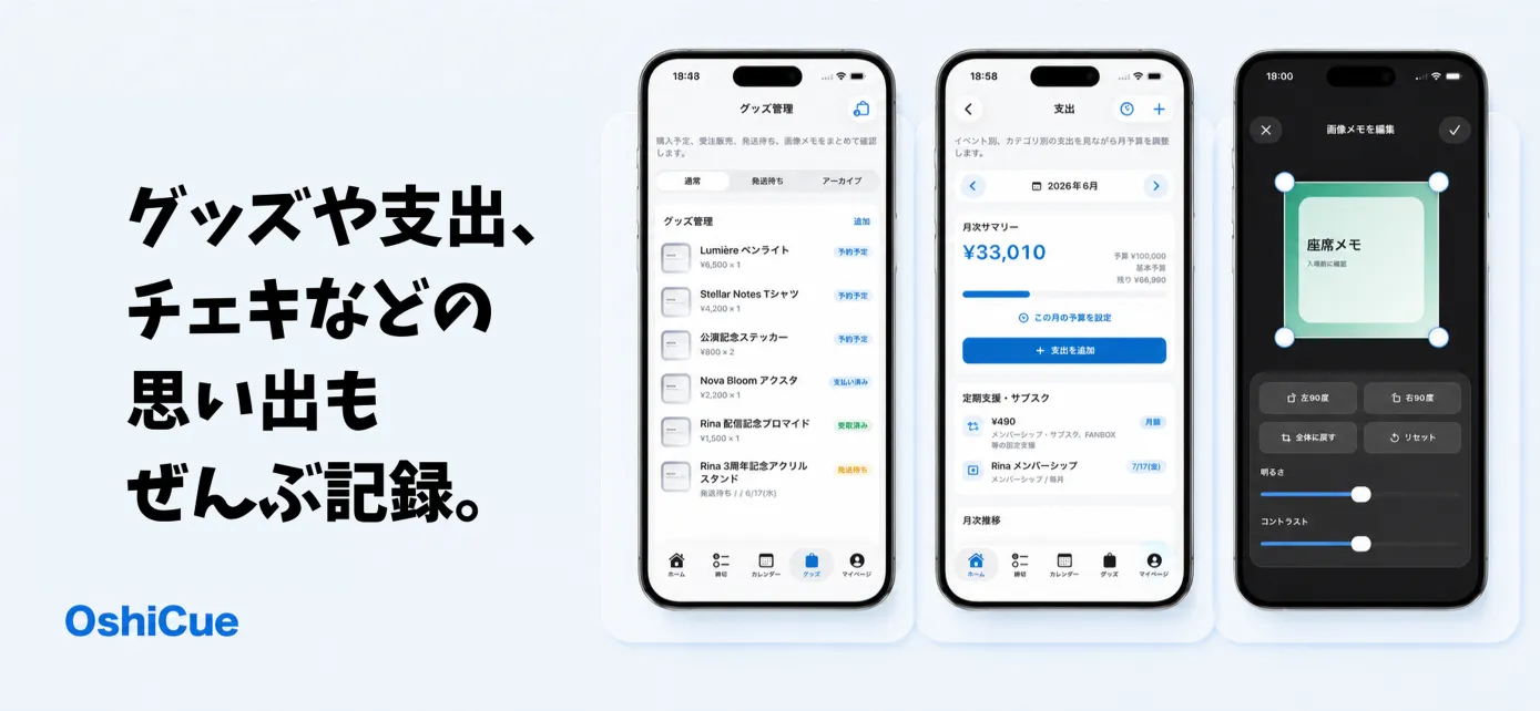 グッズや支出、チェキなどの思い出もぜんぶ記録。グッズ管理、予算、画像編集画面